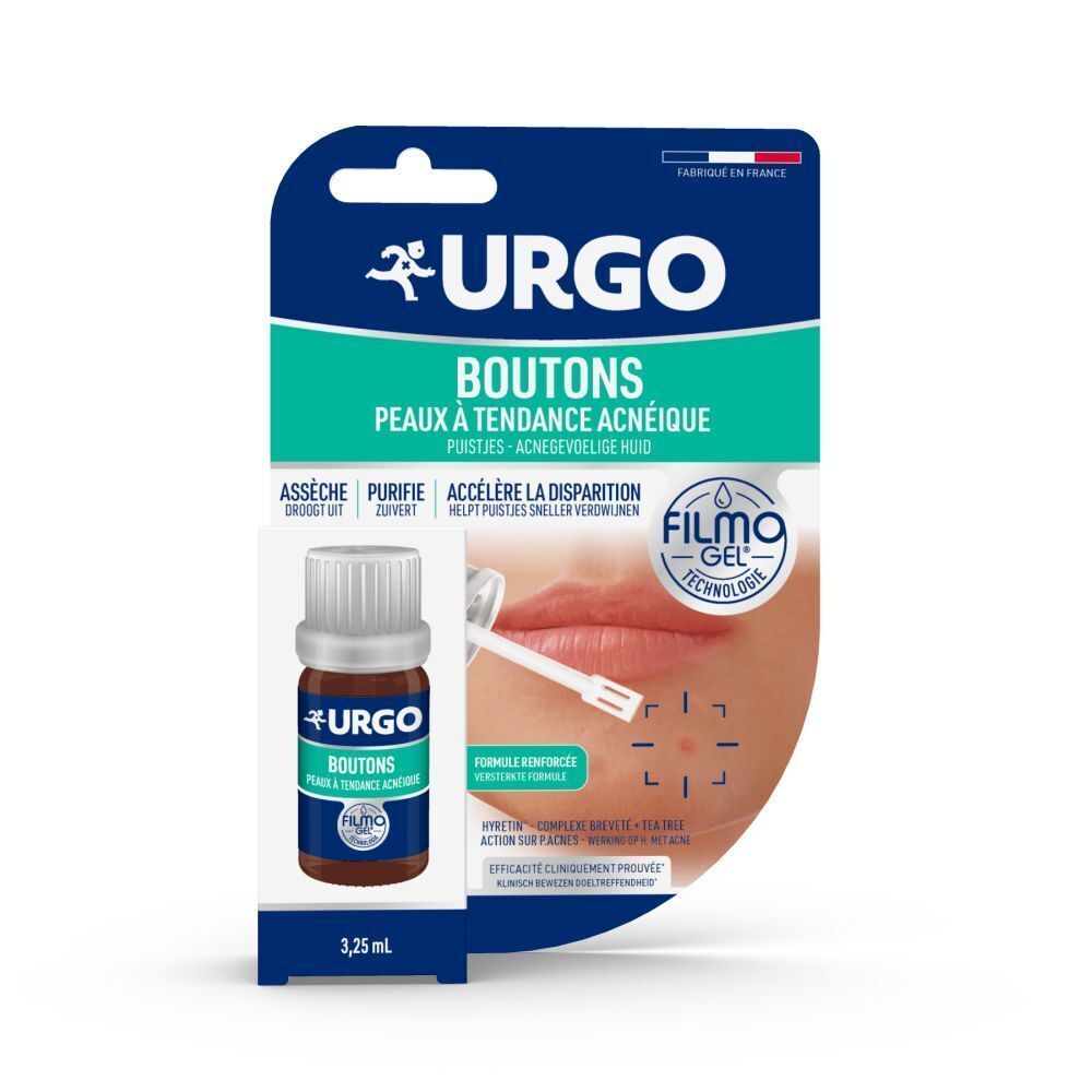 Emballage du produit avec flacon. Inscription: URGO Boutons, Peaux à tendance acnéique. Logo Filmogel. 3,25 ml.