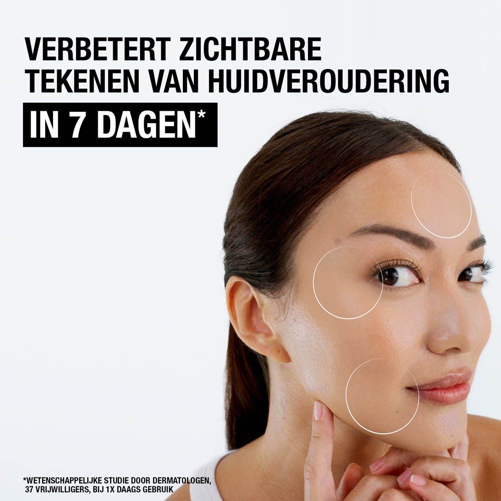 Vrouw met gezicht. Tekst: Corrigeert zichtbare tekenen van huidveroudering in 7 dagen.