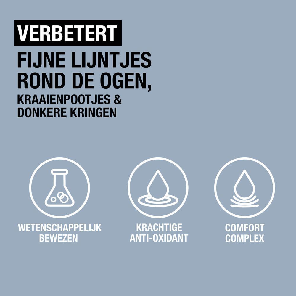 Afbeelding met symbolen. Vermindert fijne lijntjes, kraaienpootjes en donkere kringen.