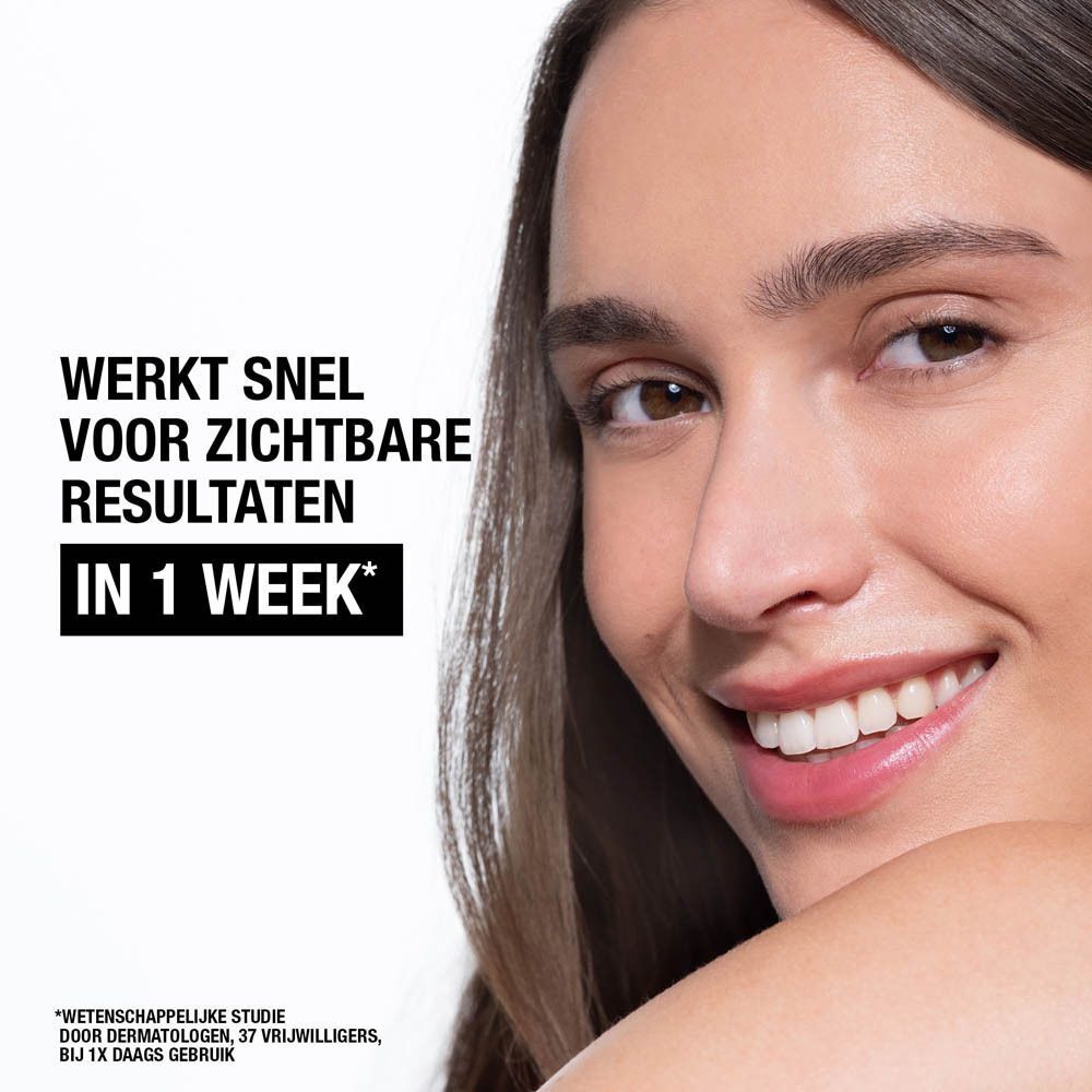 Vrouw met gezicht. Tekst: Werkt snel voor zichtbare resultaten in 1 week.