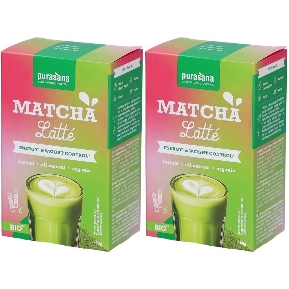 Twee pakken Purasana Matcha Latte Bio met een glas Matcha Latte.