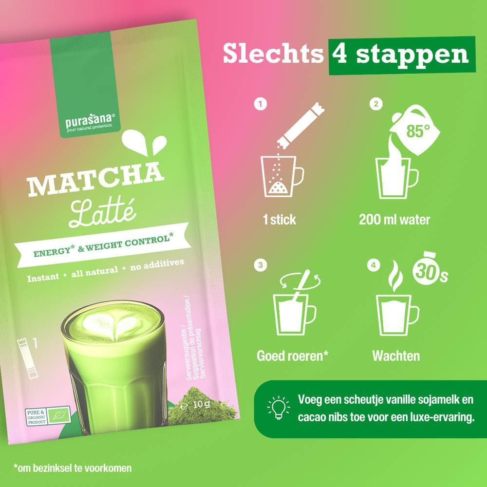 Verpakking met Matcha Latté. 4 stappen voor bereiding. Met bio-label. 10g verpakking.