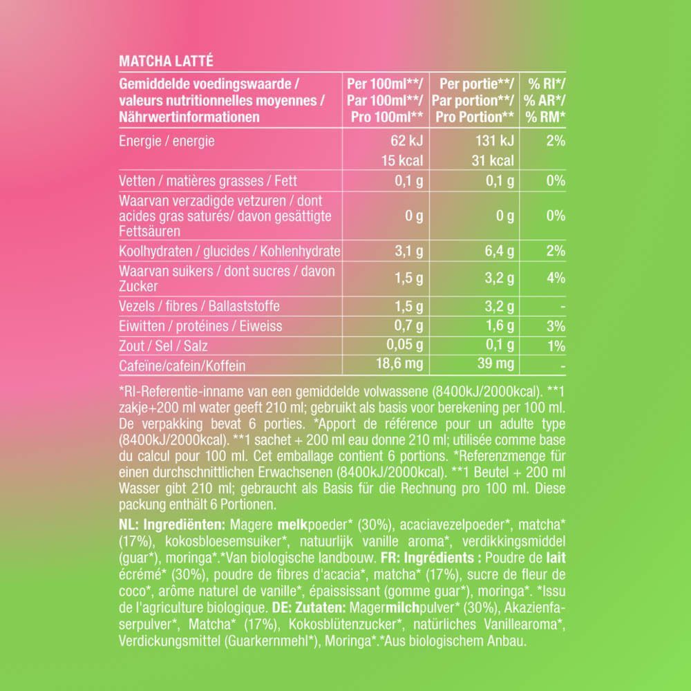 Voedingstabel. Informatie per 100 ml en per portie. Bevat energie, vetten, koolhydraten, suikers, vezels, eiwitten, zout, cafeïne.