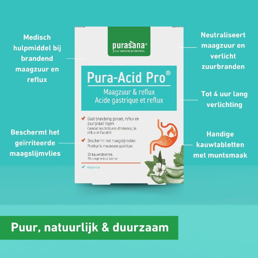 Purasana Pura-Acid Pro® doos. Tekst: Maagzuur & Reflux. Medisch hulpmiddel. 20 kauwtabletten. Muntsmaak.