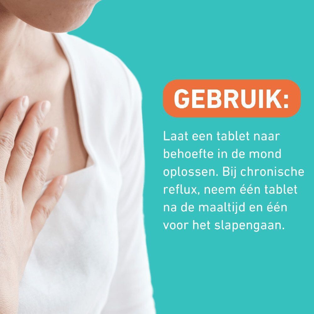 Persoon raakt borst aan. Tekst: Gebruik. Laat een tablet in de mond oplossen.