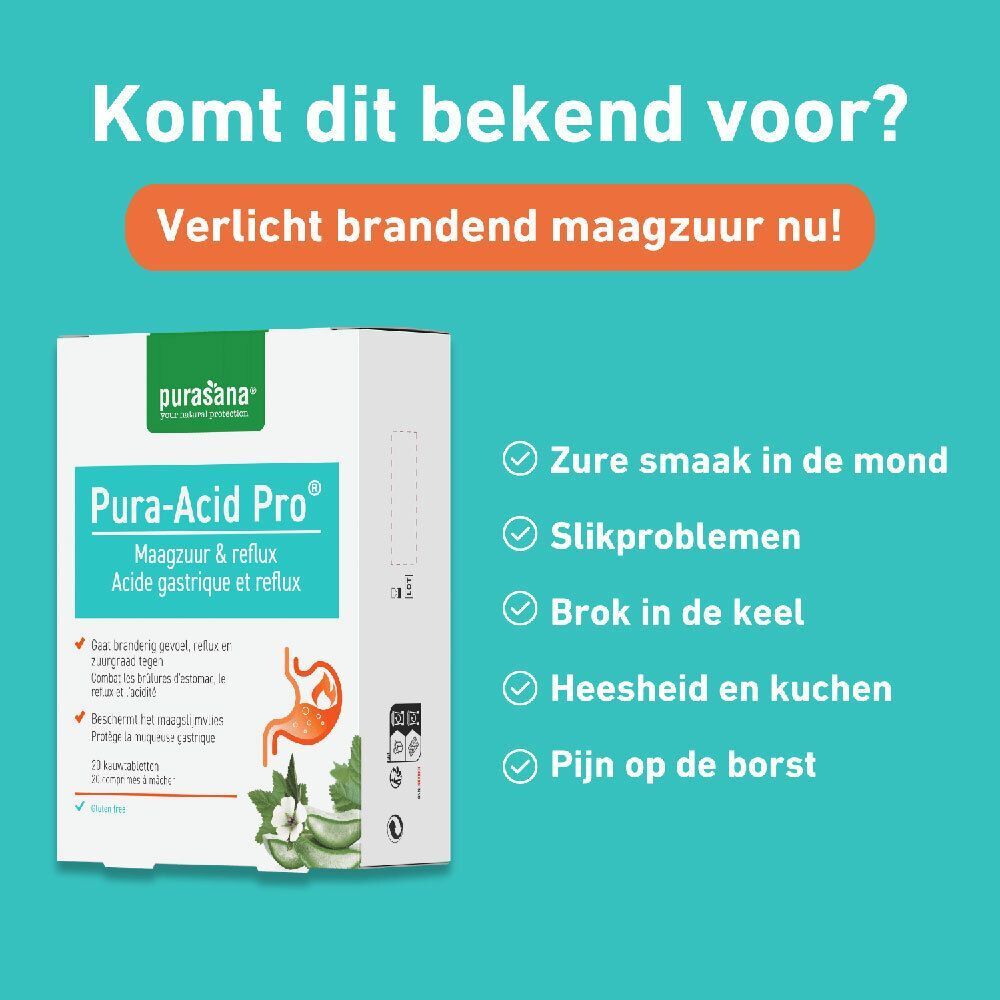 Purasana Pura-Acid Pro® doos. Tekst: Maagzuur & Reflux. Symptomen: zure smaak, slikproblemen.