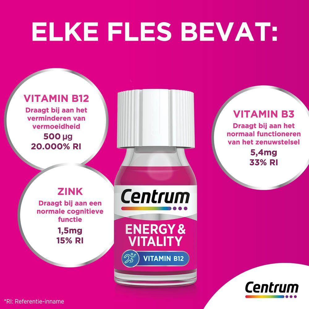 Een flesje Centrum Energy & Vitality. Informatie over vitamine B12, B3 en zink. Roze achtergrond.