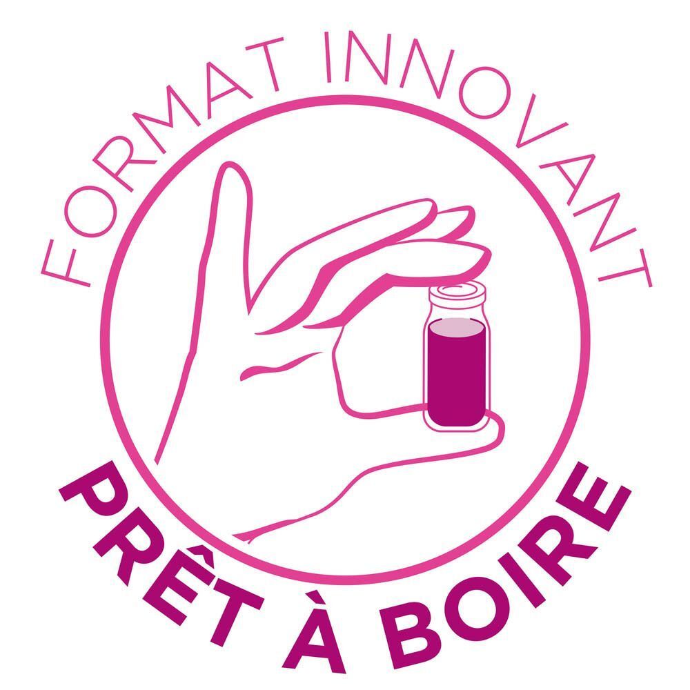 Main tenant un flacon de Centrum Energy & Vitality. Texte : Format innovant prêt à boire. Fond rose.