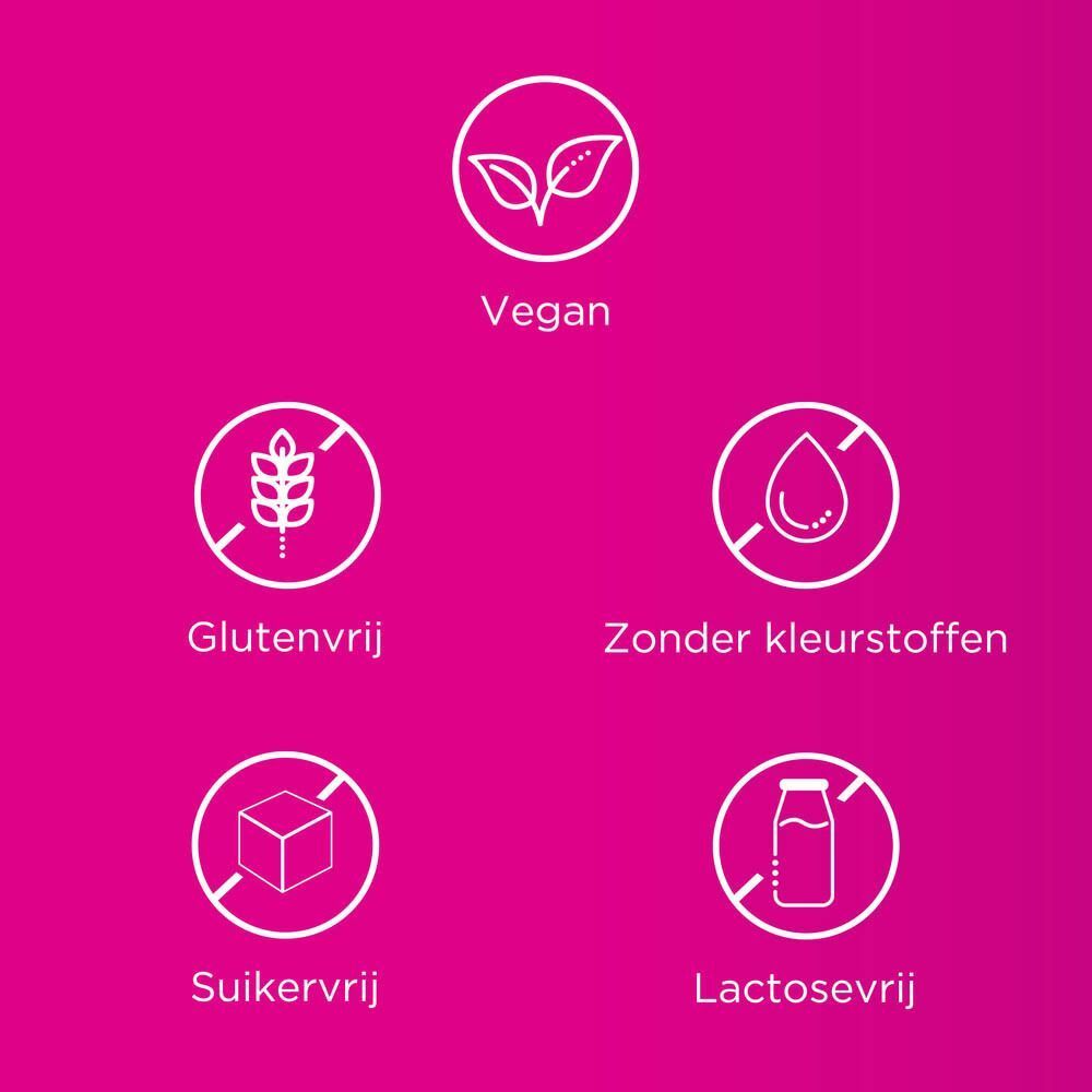 Symbolen op roze achtergrond: Vegan, glutenvrij, zonder kleurstoffen, zonder suiker, lactosevrij.