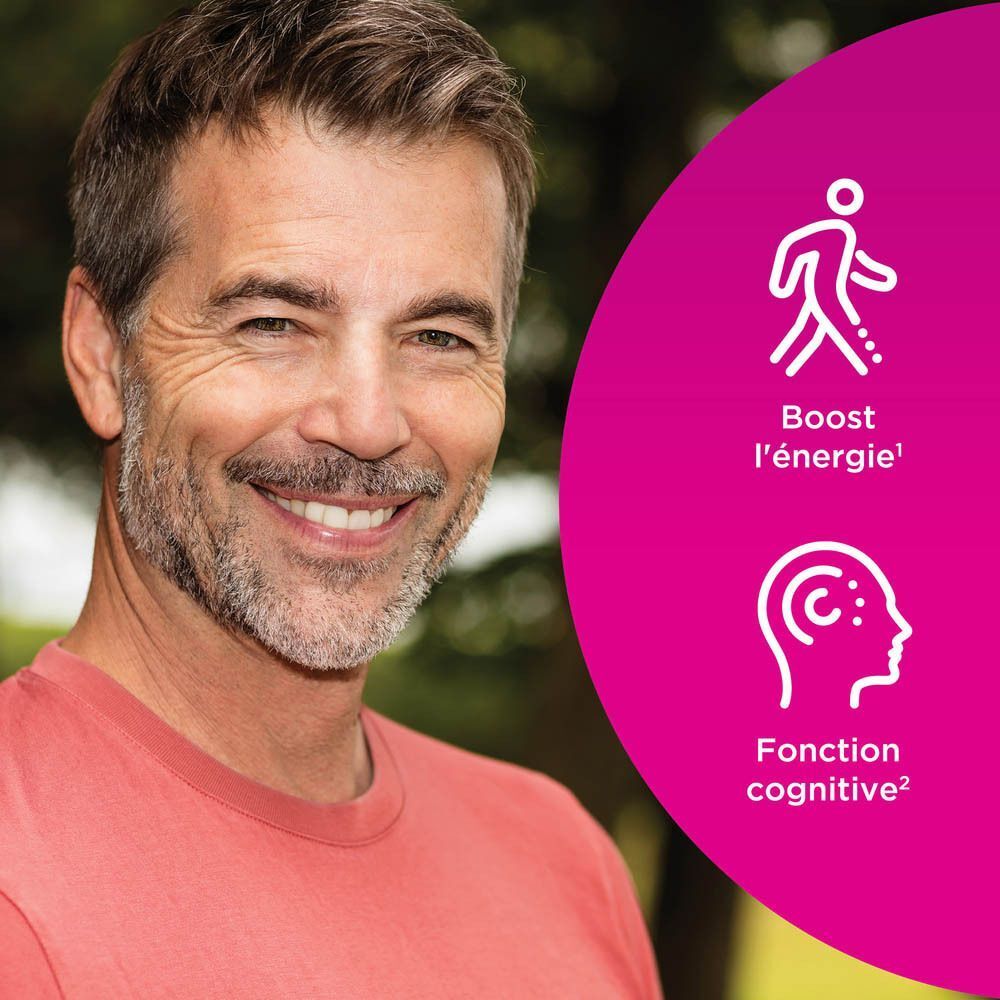 Homme souriant. Symboles : Boost énergie et fonction cognitive. Fond rose.