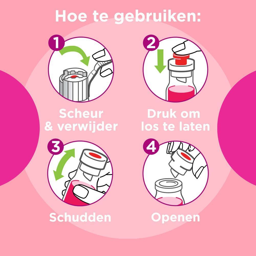 Instructies voor het gebruik van het flesje. Stappen 1-4. Roze achtergrond.