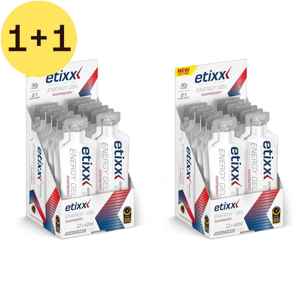 Twee displays Etixx Energy Gel Framboos. Elke display bevat 12 zakjes. Opschrift: Etixx, Energy Gel, Framboos.