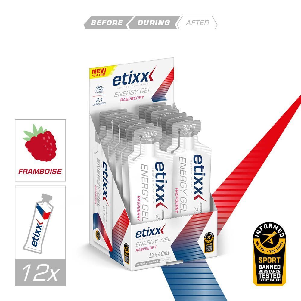 Etixx Energy Gel Framboise dans un présentoir. 12 sachets. Logo : Framboise, Etixx, Energy Gel, Sport Banned Tested.