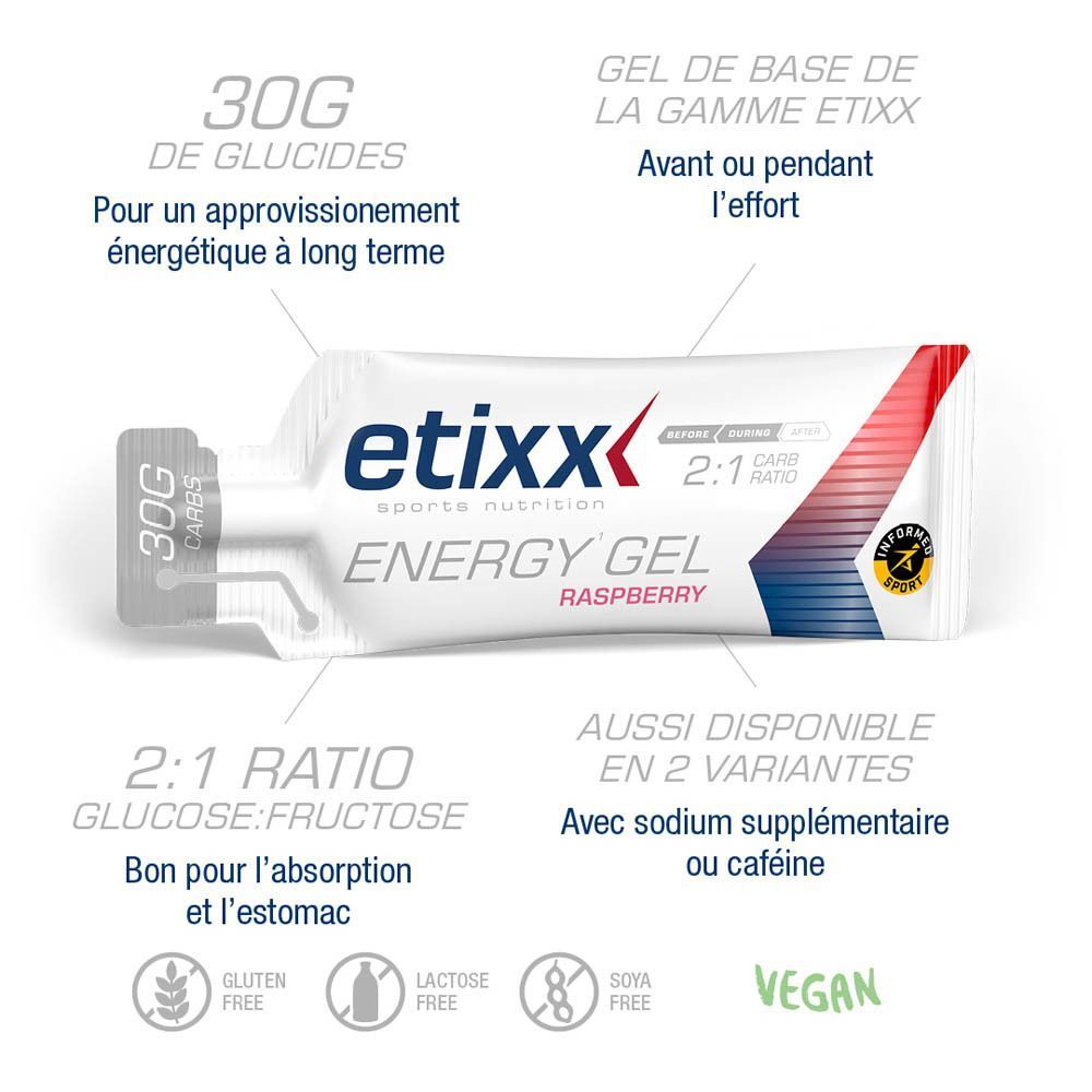 Etixx Energy Gel Framboise. Sachet de gel avec texte : Etixx, Energy Gel, 2:1 Ratio. Avec informations et logos.