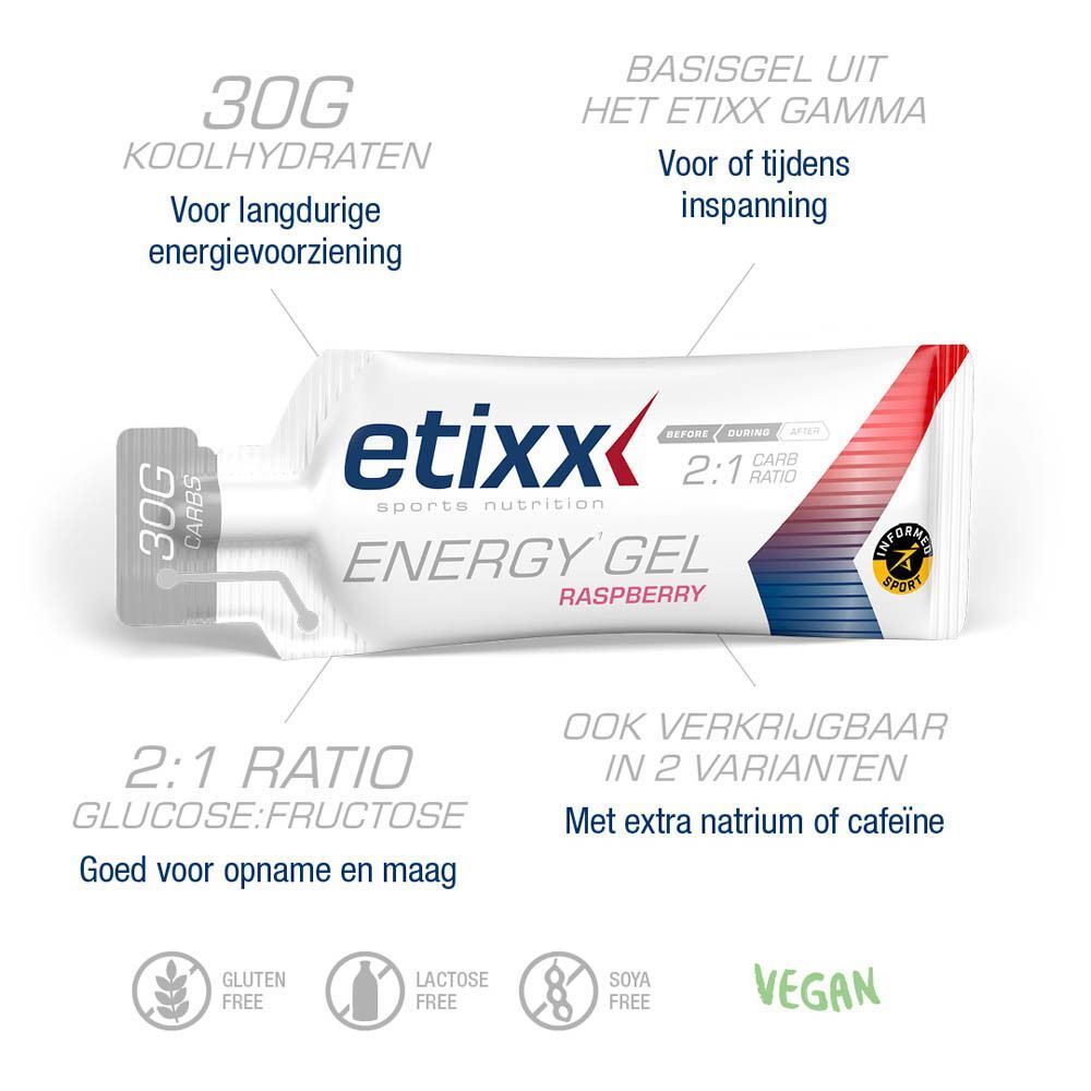 Etixx Energy Gel Framboos. Gelzakje met tekst: Etixx, Energy Gel, 2:1 Ratio. Met informatie en logo's.