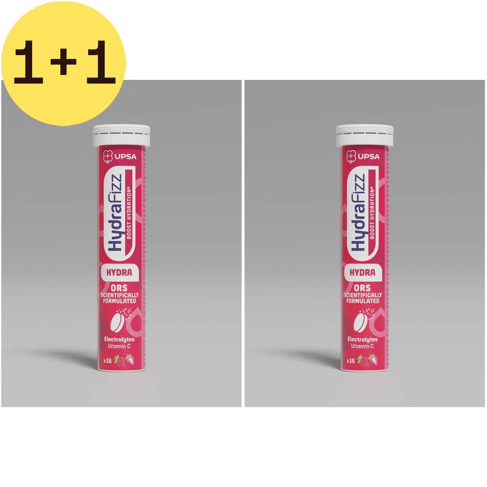 Deux tubes de comprimés effervescents. Inscription: HydraFizz, Hydra, ORS, Électrolytes, Vitamine C. Emballage rose et blanc.