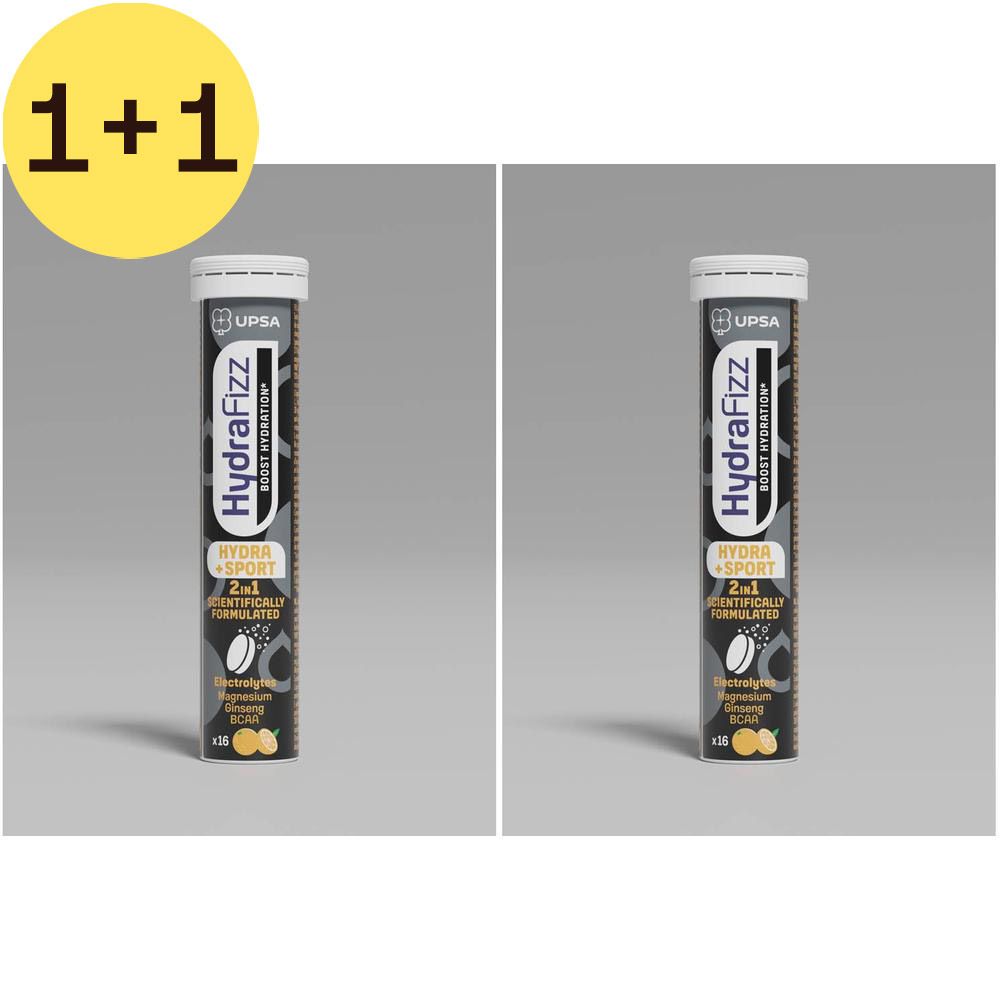 Twee tubes Hydrafizz. Opschrift: Hydra + Sport 2 en 1, Electrolyten, Multivitaminen, BCAA. Merk UPSA.