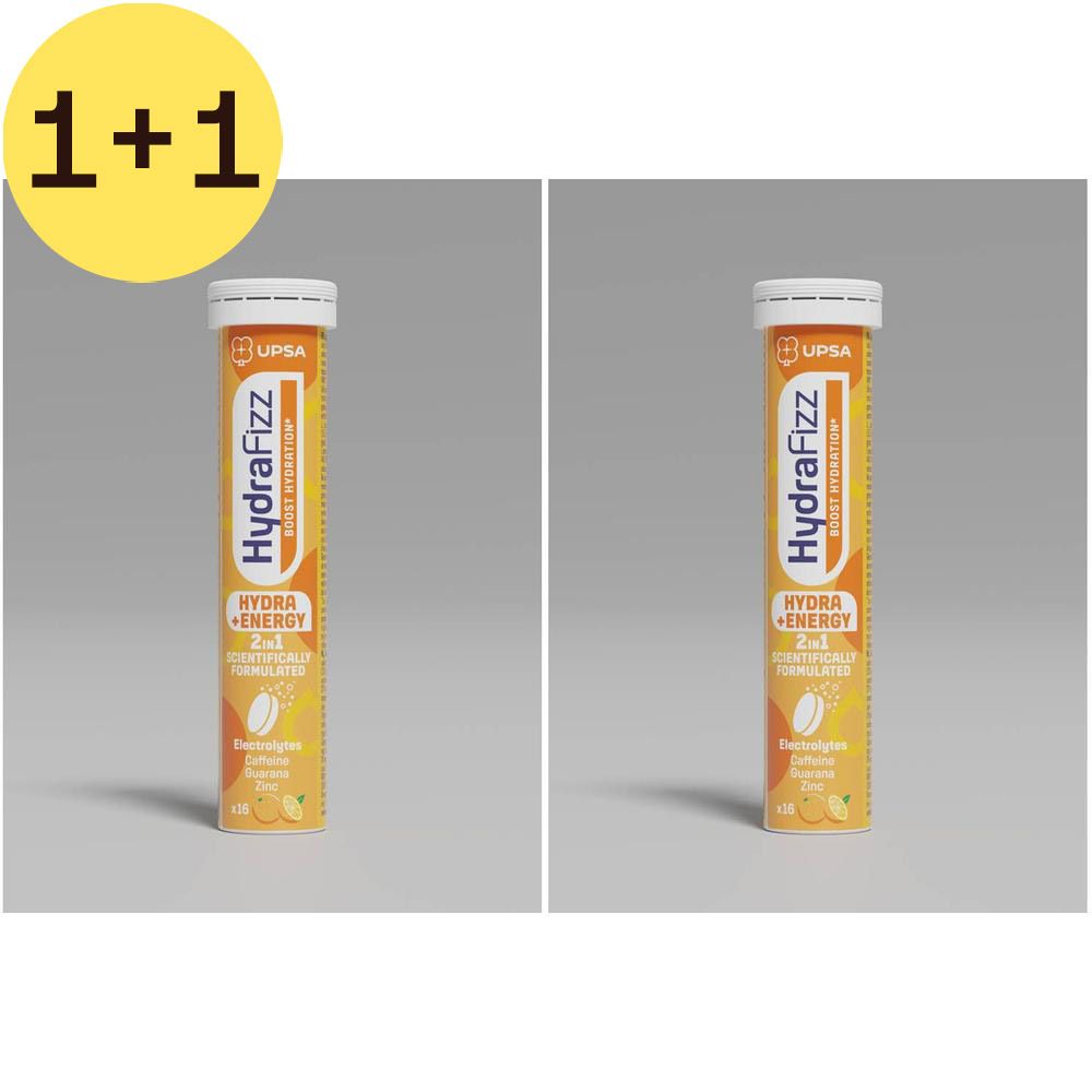 Twee tubes Hydrafizz. Oranje verpakking met witte dop. Opschrift: Hydra+Energy 2 en 1. Elektrolyten, multivitamines.