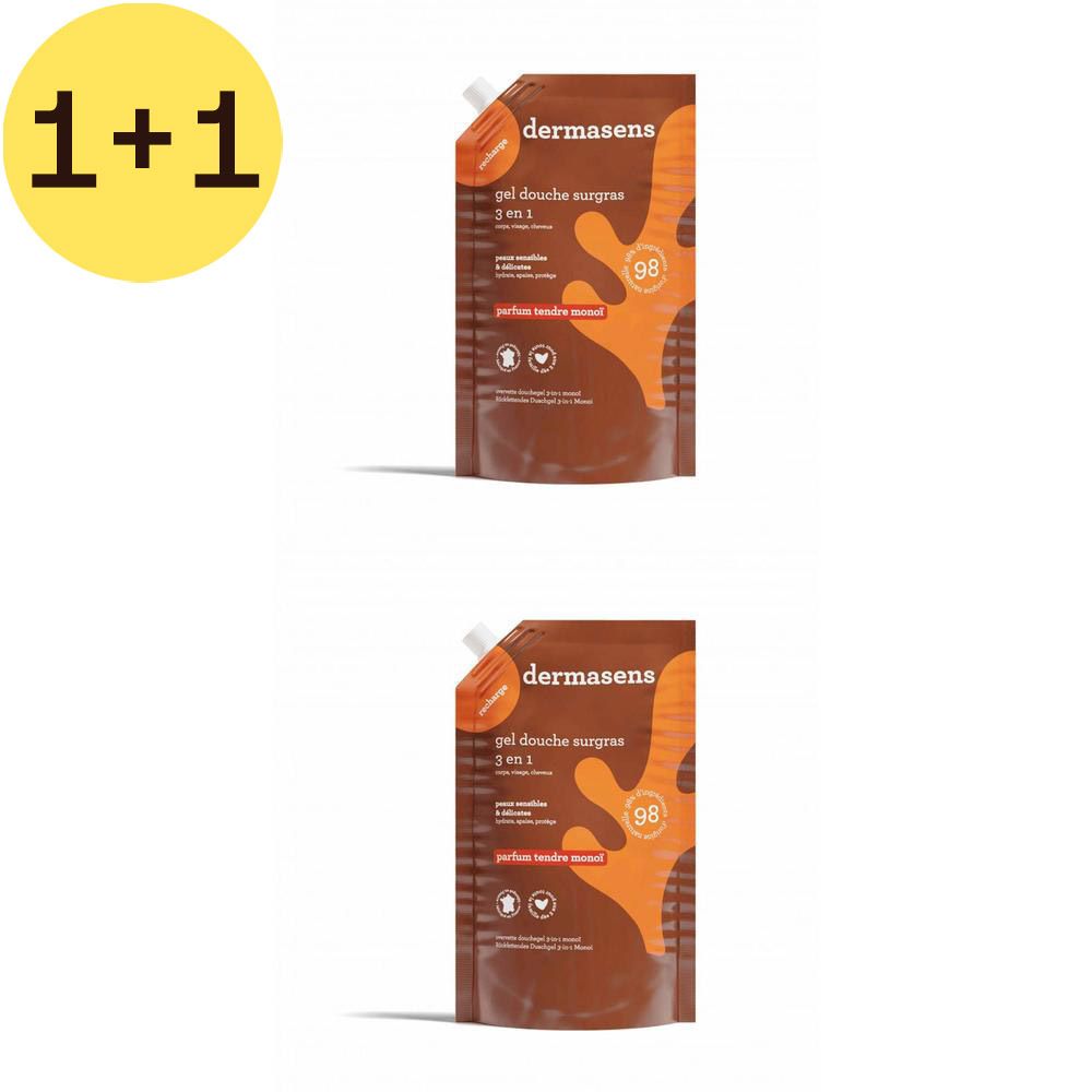 Twee Dermasens Gel Douche Surgras 3 en 1 navullingen. Opschrift Tendre Monoï. Bruine en oranje verpakking.