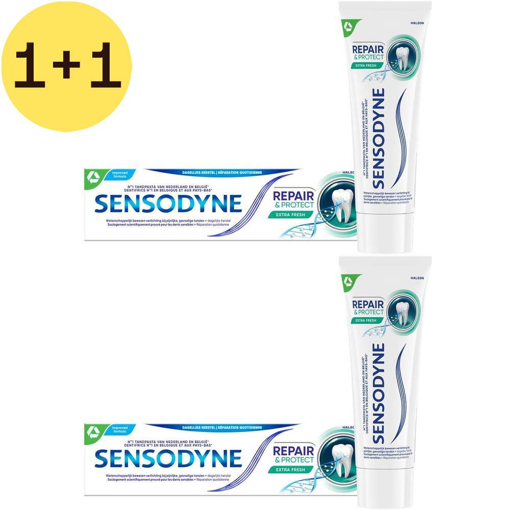 Twee tubes en een doos Sensodyne Repair & Protect Extra Fresh tandpasta. Gele cirkel met tekst "1+1".