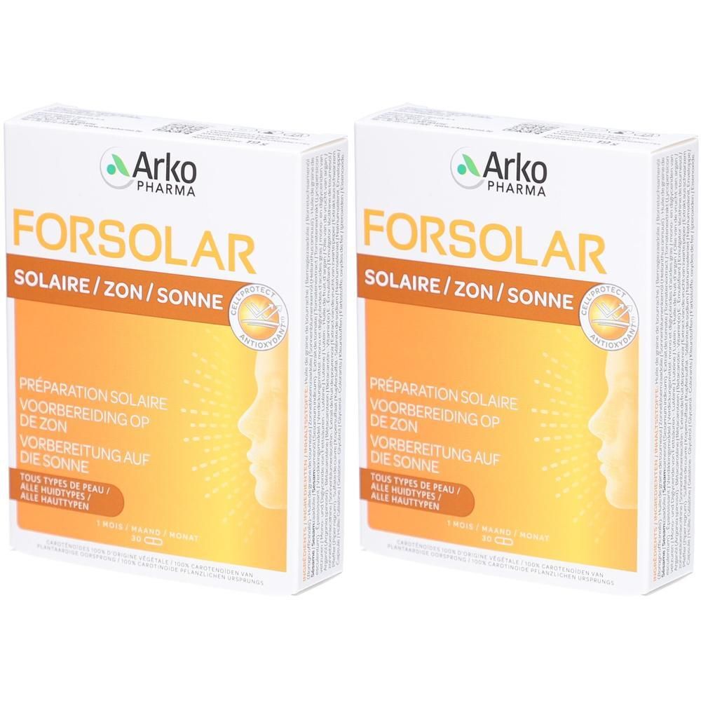 Twee verpakkingen ArkoPharma Forsolar zonnebrandcrème. Witte dozen met oranje design en gezichtsprofielen.