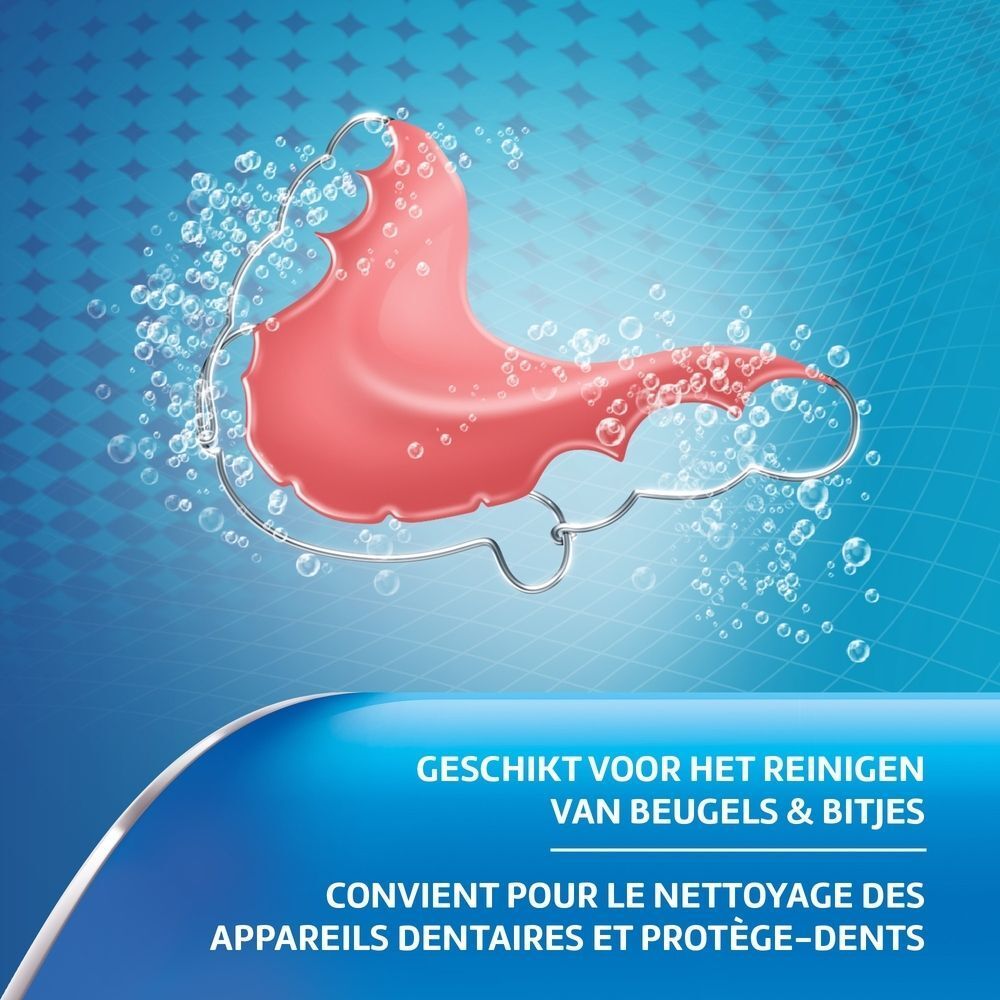 Appareil dentaire rose. Entouré de bulles. Texte : Convient pour le nettoyage des appareils dentaires et protège-dents.