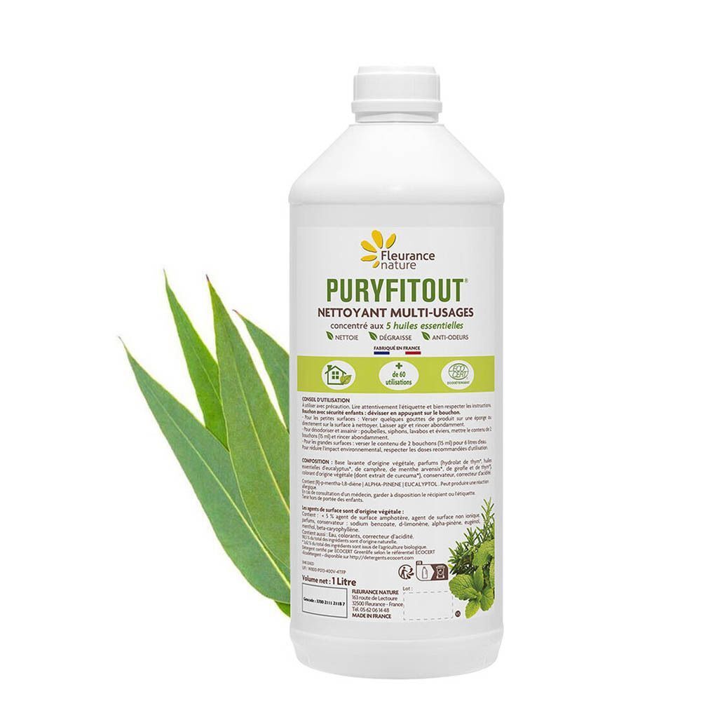 Witte fles met etiket. Opschrift: Puryfitout Nettoyant Multi-usages. Logo: bloem. Groene bladeren.