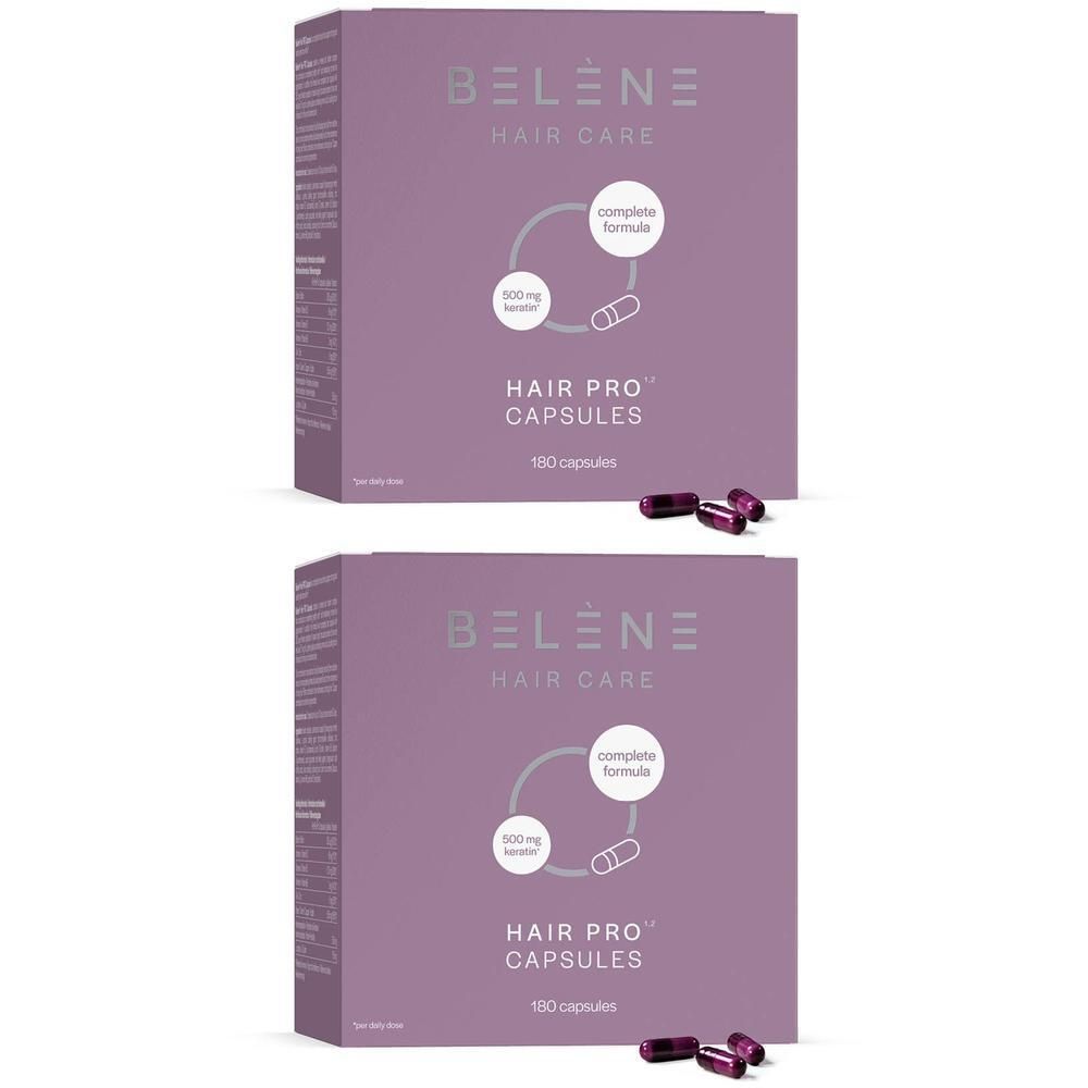 Deux boîtes violettes avec l'inscription "Belène Hair Care Hair Pro Capsules".