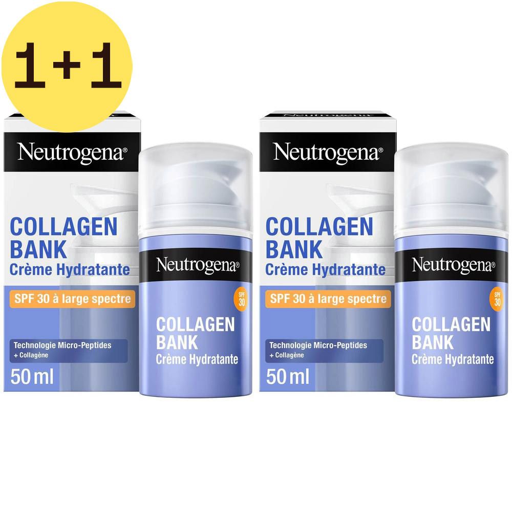 Quatre produits Neutrogena® Collagen Bank Crème Hydratante SPF30. Flacons bleus, emballage blanc. 50 ml.