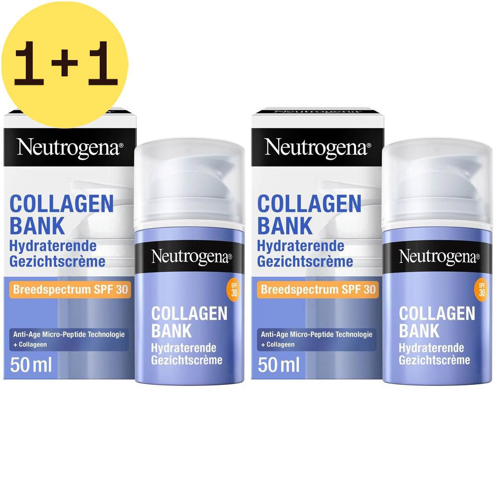 Vier verpakkingen Neutrogena® Collagen Bank Hydraterende Gezichtscrème SPF30. Blauwe flacons, witte verpakking. 50 ml.