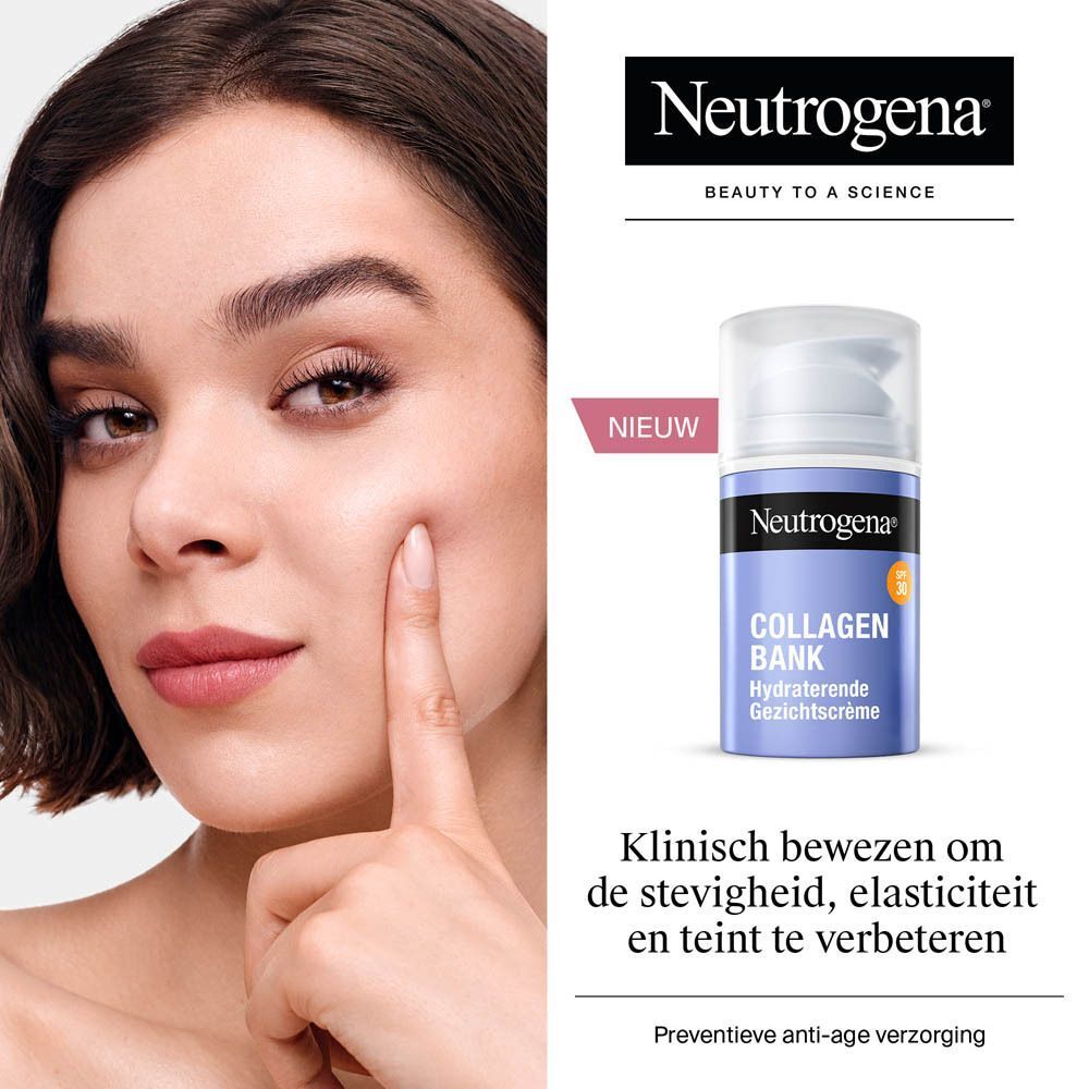 Vrouw raakt haar wang aan. Neutrogena® Collagen Bank Hydraterende Gezichtscrème. Tekst: Klinisch bewezen om de stevigheid, elasticiteit en teint te verbeteren.