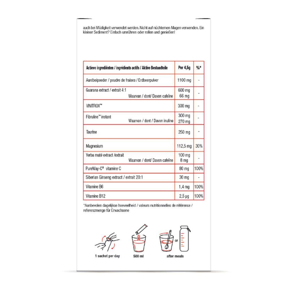 Dos de l'emballage avec ingrédients. Liste des ingrédients pour 4,5g. Illustrations de préparation.