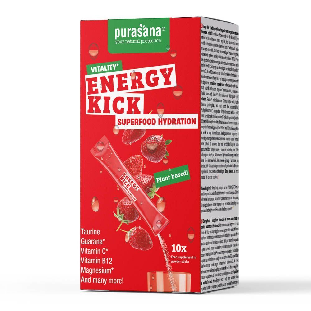 Rode verpakking met "Energy Kick"-sticks. Aardbeien en productstick afgebeeld. 10 sticks per verpakking.