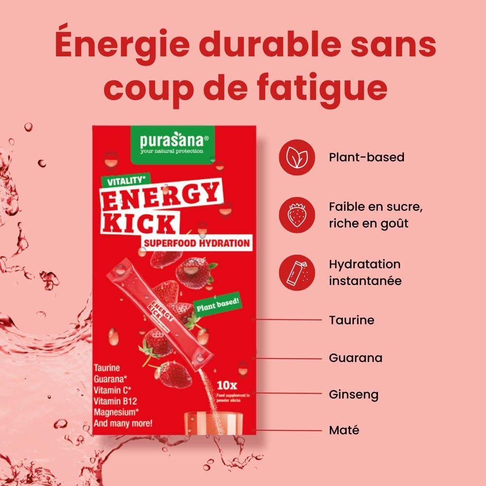 Infographie avec texte : Énergie durable sans coup de fatigue. Stick de produit et symboles d'ingrédients.
