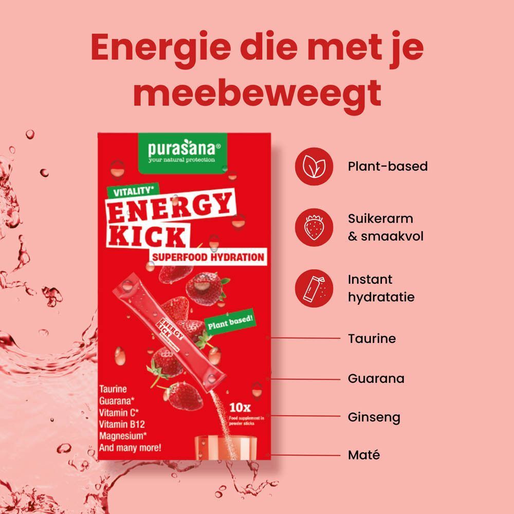 Infographic met tekst: Energie die met je meebeweegt. Productstick en symbolen van ingrediënten afgebeeld.