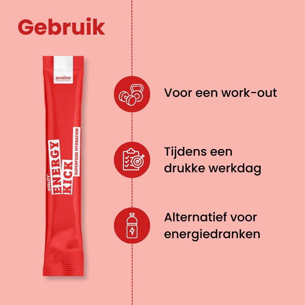 Infographic met tekst: Gebruik. Productstick en symbolen voor training, werk en drankjes.