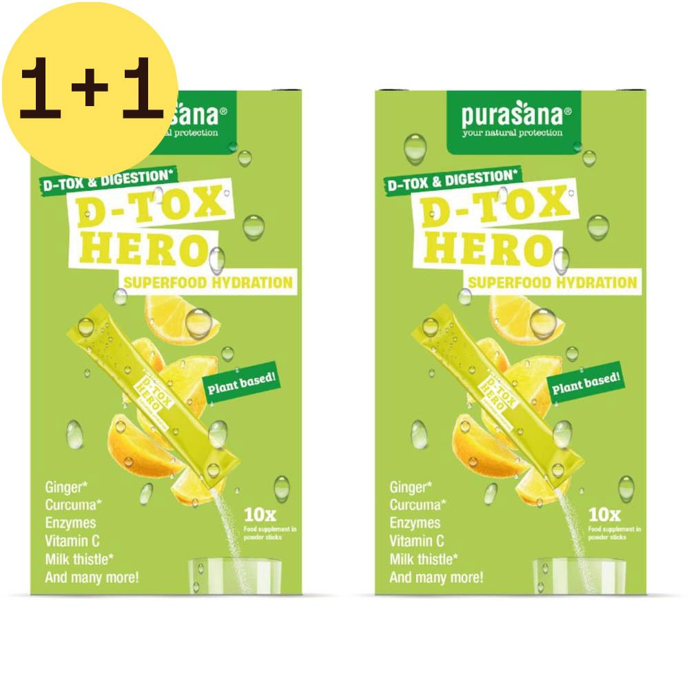 Deux boîtes vertes Purasana D-Tox Hero. Inscription : D-Tox & Digestion, Superfood Hydration. 10x sticks.