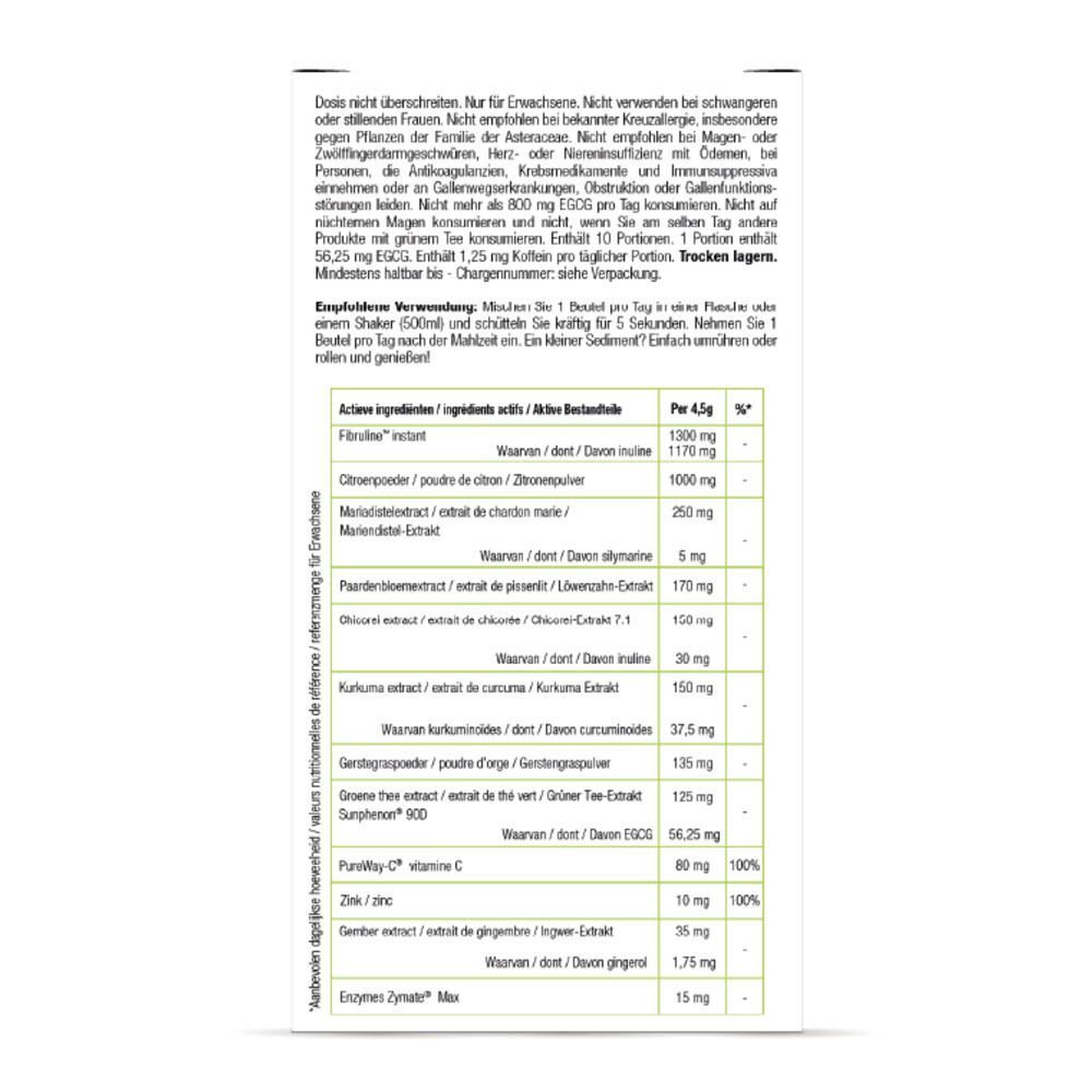 Dos de l'emballage Purasana D-Tox Hero. Liste des ingrédients et informations nutritionnelles. Texte en allemand.