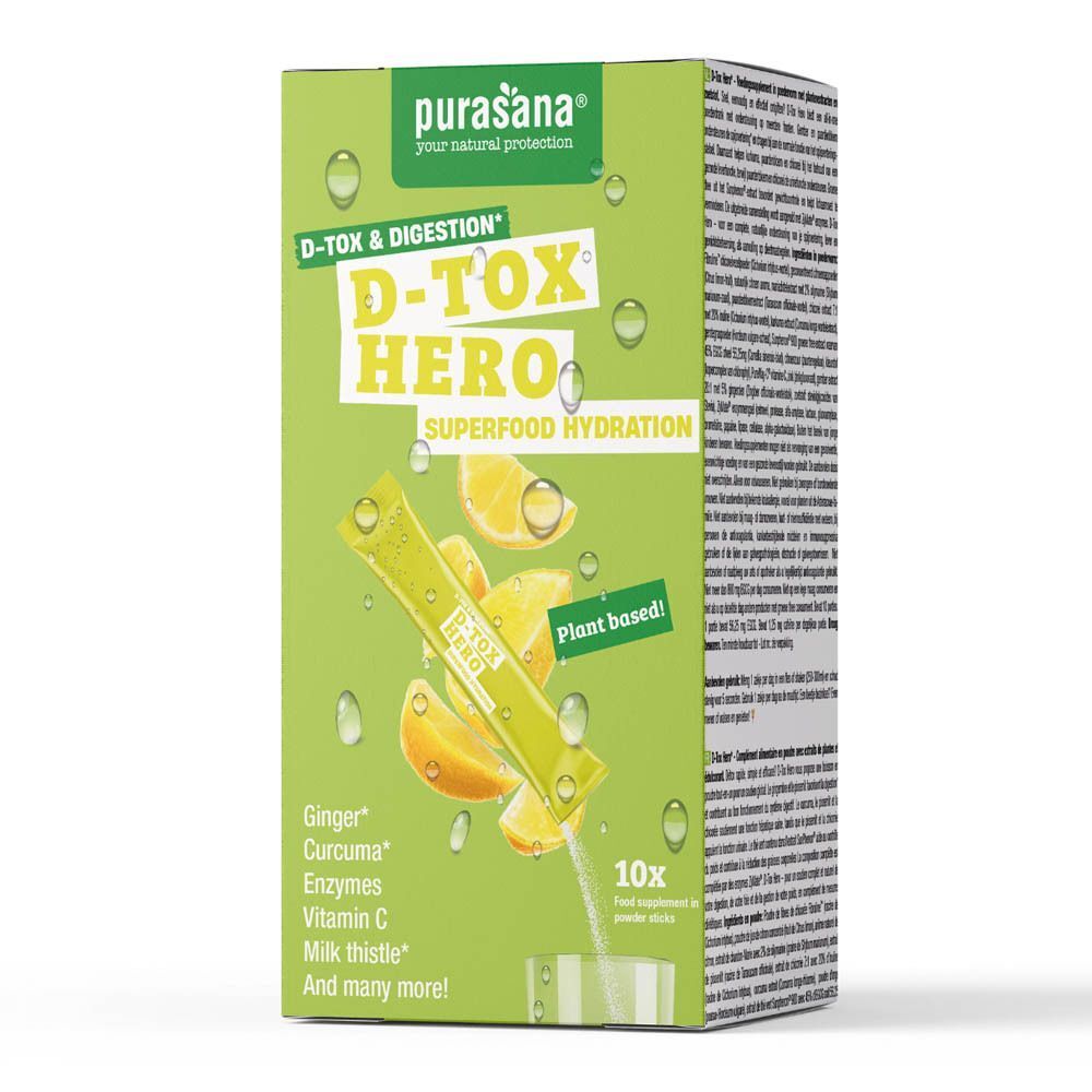 Groene Purasana D-Tox Hero verpakking. Opschrift: D-Tox & Digestion, Superfood Hydration. 10x sticks. Achterkant zichtbaar.