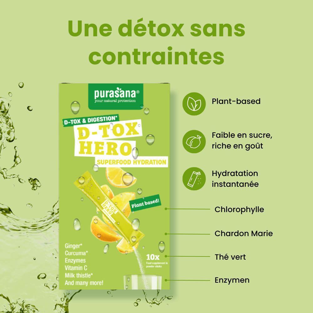 Graphique vert avec texte : Une détox sans contraintes. Icônes et texte sur les avantages du produit.