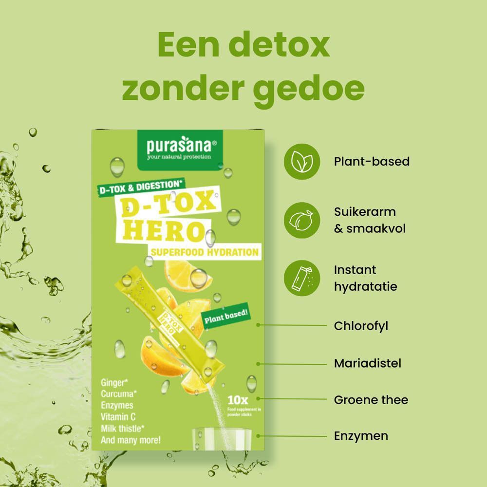 Groene grafiek met tekst: Een detox zonder beperkingen. Iconen en tekst over de voordelen van het product.