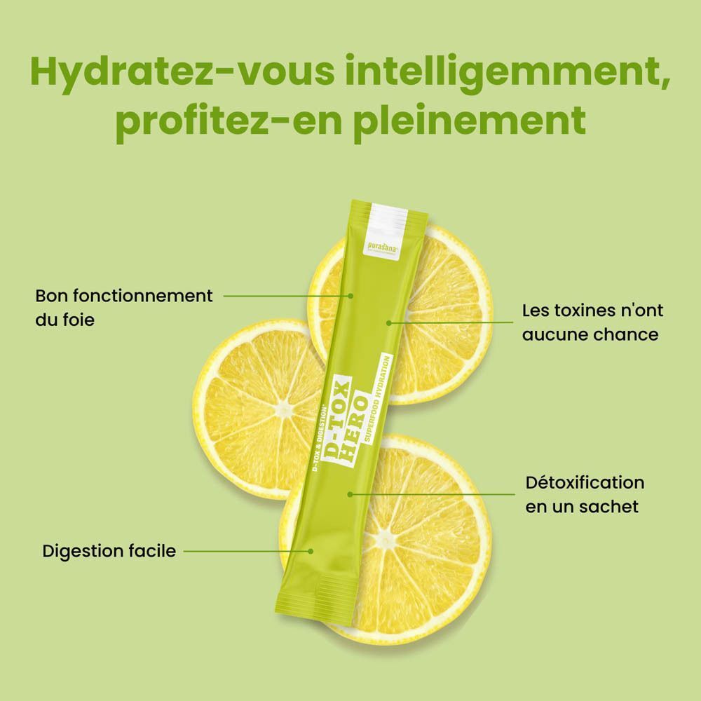 Graphique avec citron et stick Purasana D-Tox Hero. Texte : Hydratez-vous intelligemment, profitez-en pleinement.