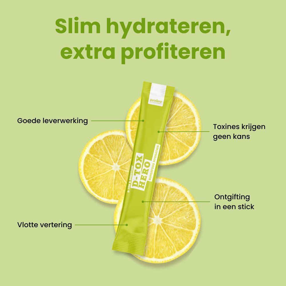 Grafiek met citroen en Purasana D-Tox Hero stick. Tekst: Hydrateer slim, profiteer er ten volle van.
