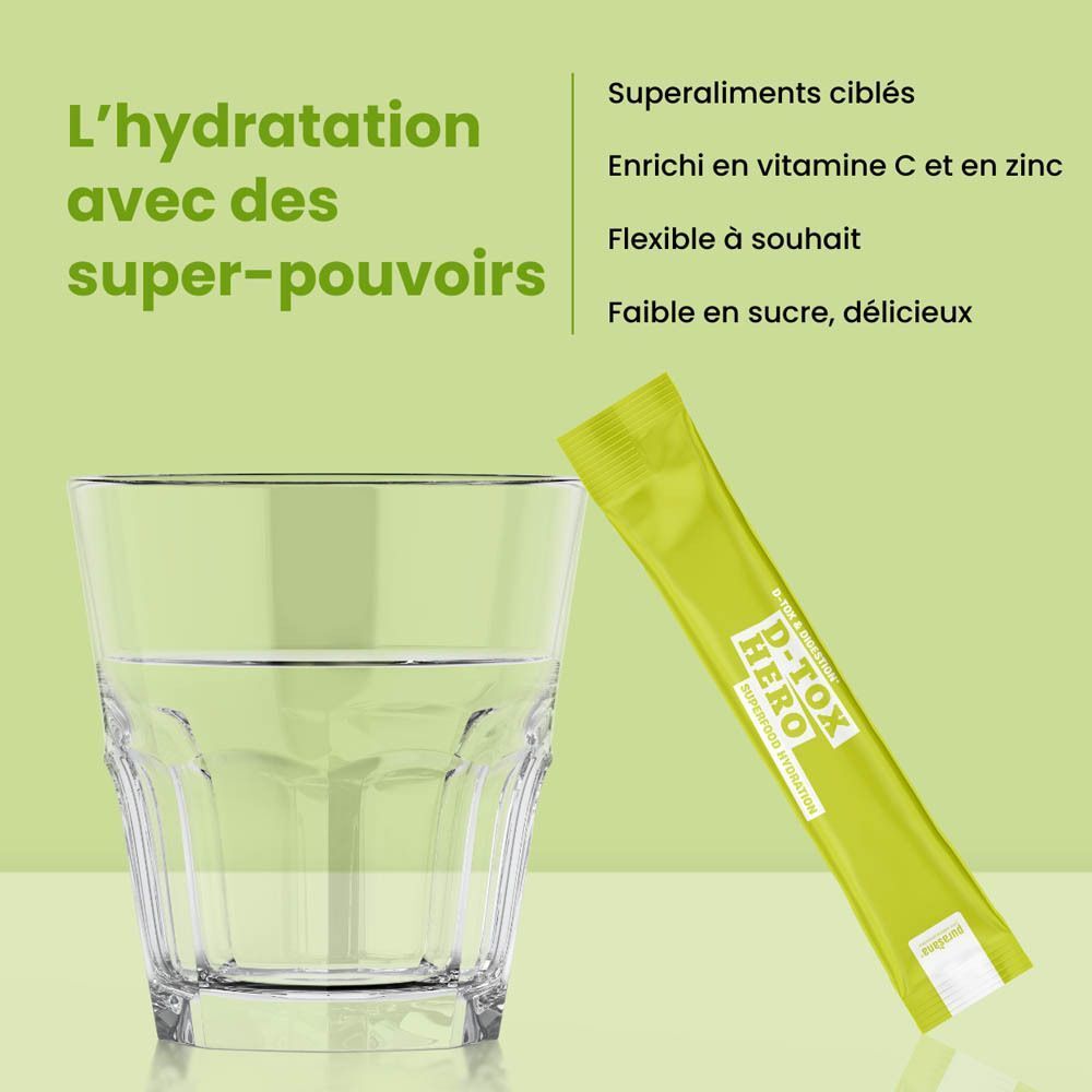 Verre d'eau avec stick Purasana D-Tox Hero. Texte : L'hydratation avec des super-pouvoirs. Avantages du produit.