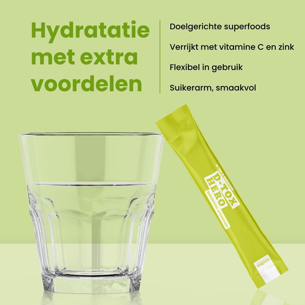 Glas water met Purasana D-Tox Hero stick. Tekst: Hydratatie met superkrachten. Voordelen van het product.