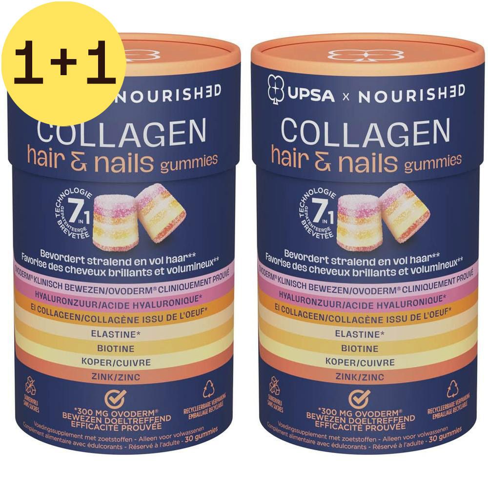 Deux boîtes cylindriques de gummies au collagène. Inscription : UPSA x Nourished, Collagen hair & nails gummies. Illustration de bonbons.