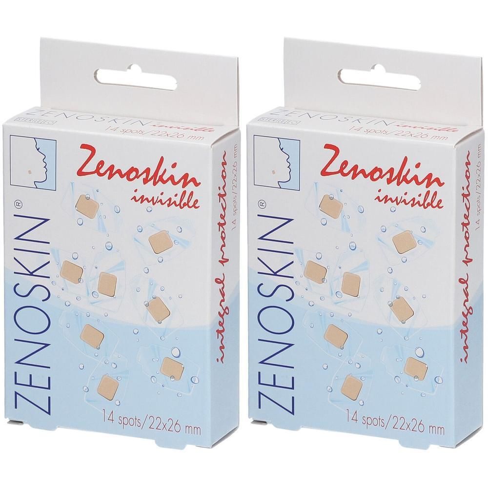 Deux boîtes de Zenoskin Invisible Spot. Chaque boîte contient 14 patchs de 22x26 mm.