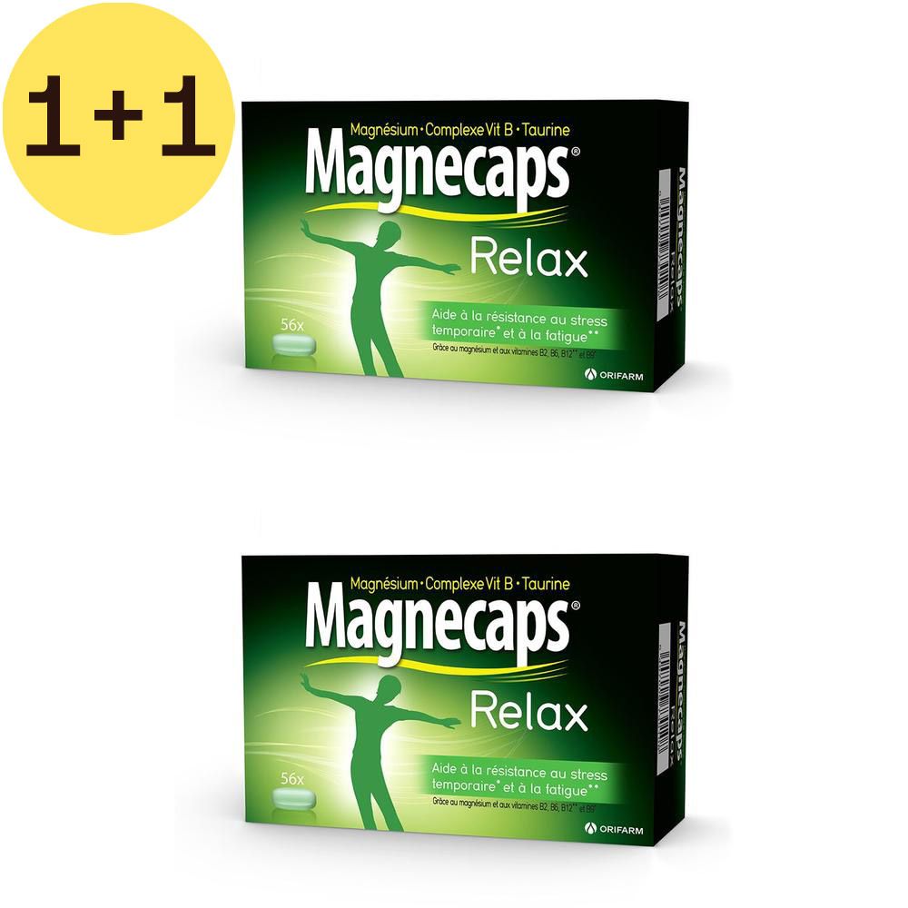 Deux boîtes de MAGNECAPS® Relax. Emballage noir avec logo et texte verts. Contient 56 gélules.