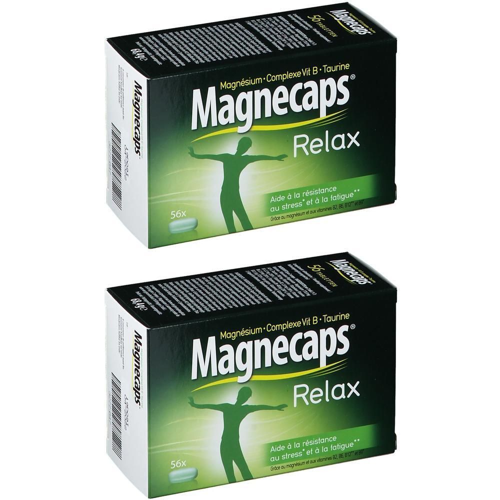 Twee verpakkingen Magnecaps® Relax, elk 56 capsules. Groene verpakking met gestileerde man.
