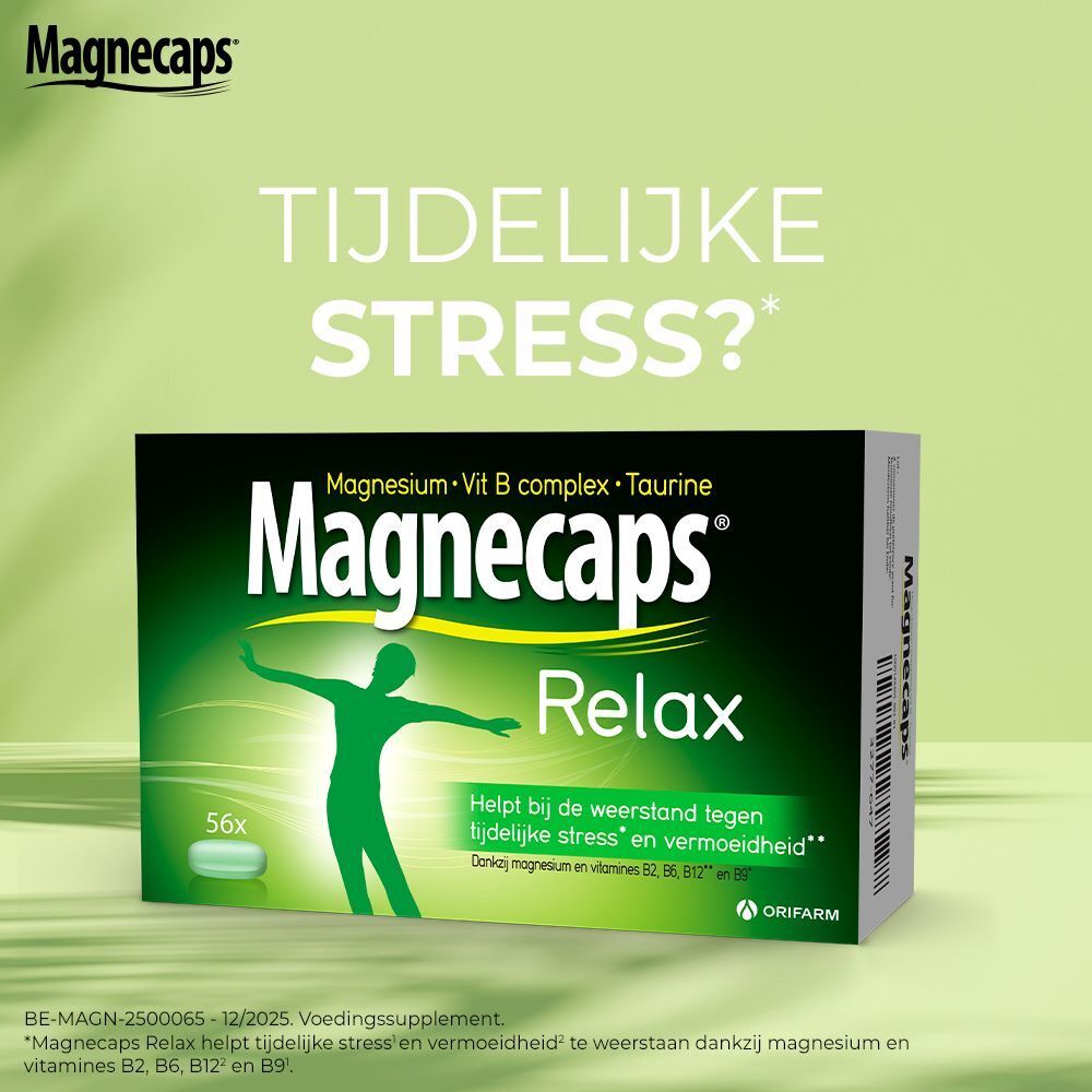 Verpakking van MAGNECAPS® Relax. Zwarte verpakking met groen logo en tekst. Bevat 56 capsules. Tekst: Tijdelijke stress?